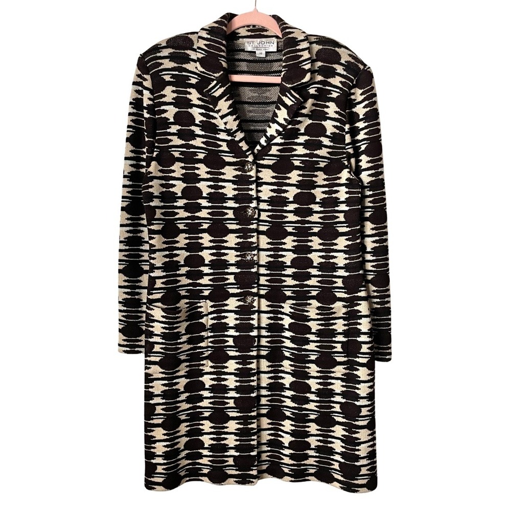 St John Cardigan Jacket Womens Size 12 Brown Santana‎ Knit Geometric Longline